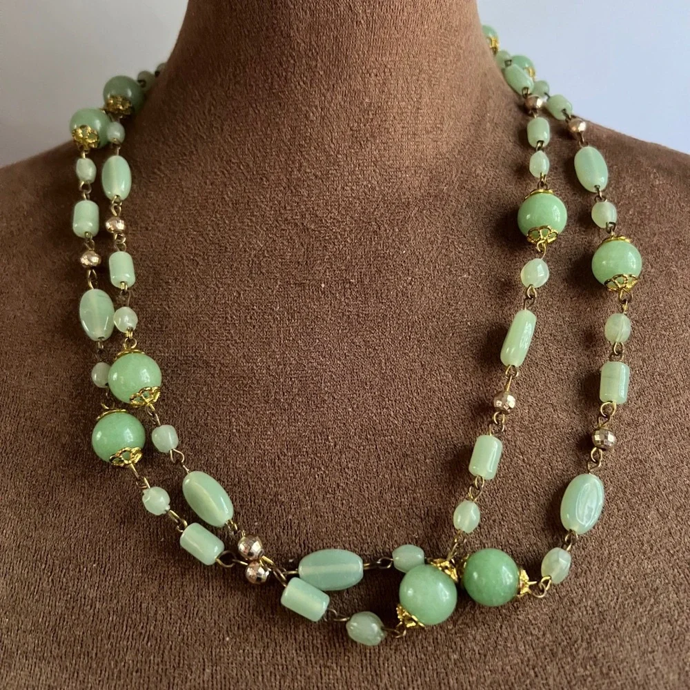 Vintage Faux Jade Green Glass Beaded Long Flapper Necklace 46 Inch Cottagecore